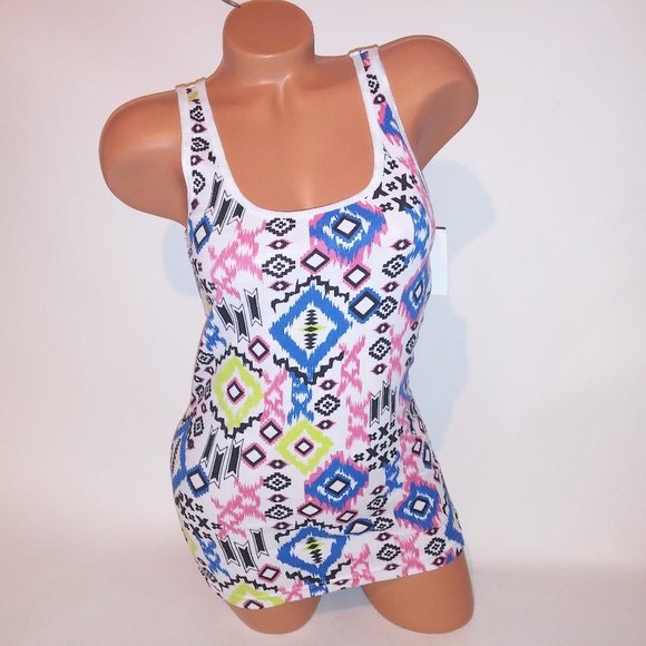 RU OK Tank Top Colorful Tribal Ribbed Sleeveless Scoop Neck Polyester/Cotton/Spa - Picture 1 of 11